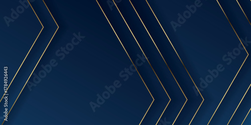 Dark blue abstract background with overlapping blue hexagon geometric decoration and sparkling gold line effect. Luxurious background concept for banner, cover, certificate, and presentation. VOL. 2