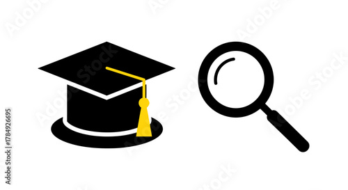 a graduation cap beside a magnifying glass symbolizing education scrutiny