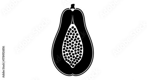 a black and white illustration of a sliced papaya fruit