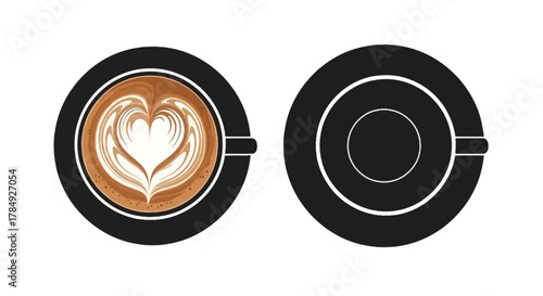a cup of coffee with latte art next to an empty cup