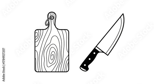 a wooden cutting board and sharp kitchen knife side by side