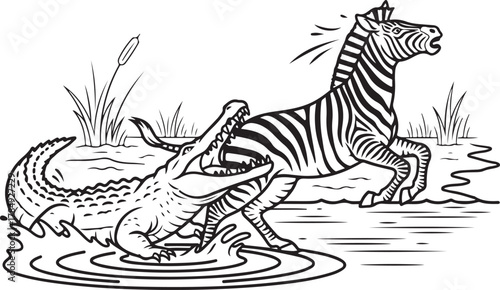 Black and White Illustration of a Crocodile Attacking a Zebra in Water