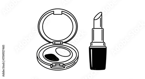 a compact makeup palette beside a classic red lipstick