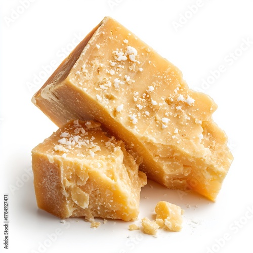 Wedge of aged parmesan cheese with visible tyrosine crystals broken not cut gritty texture isolated on a plain white background