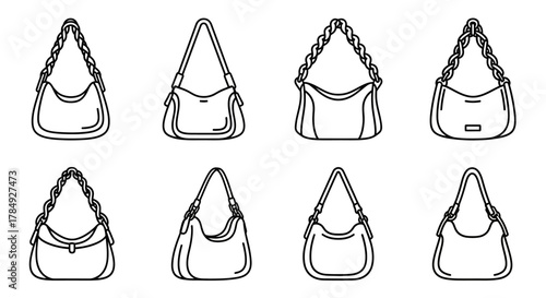 various handbag designs displayed in black and white sketches