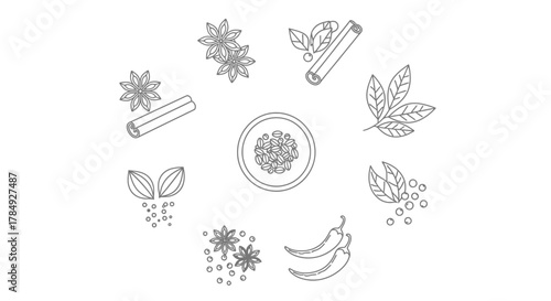 a variety of spices herbs and seasonings arranged around a central bowl