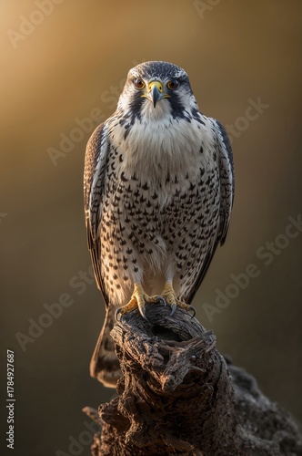 Majestic falcon perched on weathered wood, a symbol of strength and focus, perfect for nature and wildlife projects