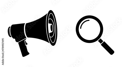 a megaphone and magnifying glass symbolizing search and amplify