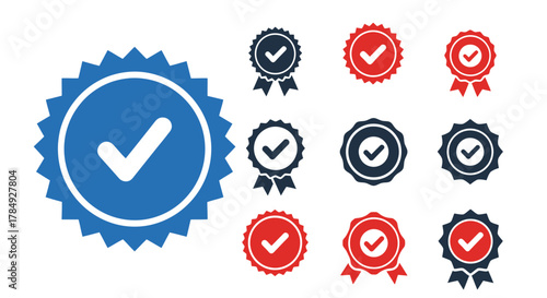 various checkmark badges in blue red and black colors
