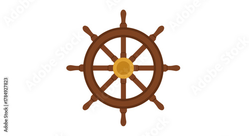 a wooden ship wheel with golden center against white background