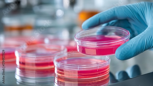 Scientist analyzing petri dish with controlled growth standards in laboratory environment close-up view of microbial culture