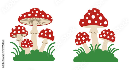 a cluster of red mushrooms with white spots growing among green grass