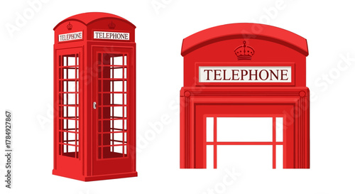a classic red telephone booth stands beside its simplified icon version