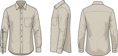 Beige pinstripe shirt, front side back view, technical fashion sketch, long sleeve button up, garment design, apparel illustration, menswear