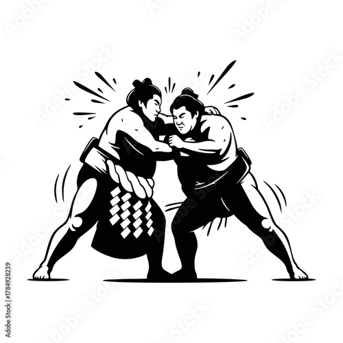 Two sumo wrestlers competing