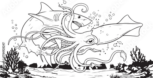 Intense Underwater Battle Between Shark and Giant Squid Illustration