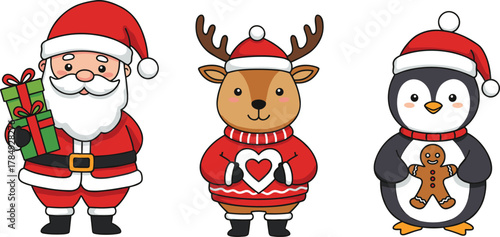 Christmas cartoon characters, Santa Claus, reindeer, penguin, festive outfit, holiday celebration, winter theme, gift box, gingerbread cookie, white background