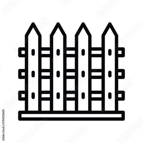 A black and white fence icon against a white background It has pointed posts with horizontal bars