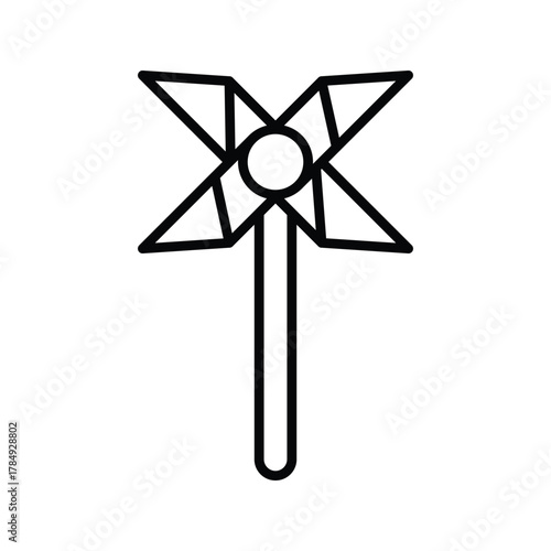 A black and white line drawing of a pinwheel with a circular center and a long handle