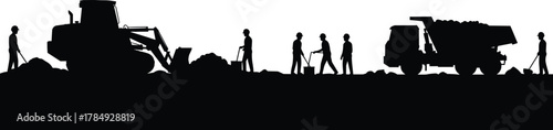 Construction site silhouette, bulldozer, dump truck, workers with shovels, digging scene, teamwork, black vector, industrial labor, machinery, dirt piles