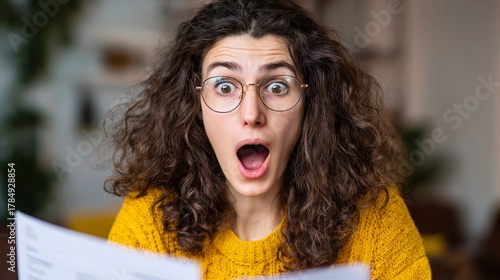 Shocked Woman Surprised By High Utility Bills, Reviewing Bank Documents And Letters, Reacting To Financial News In Disbelief