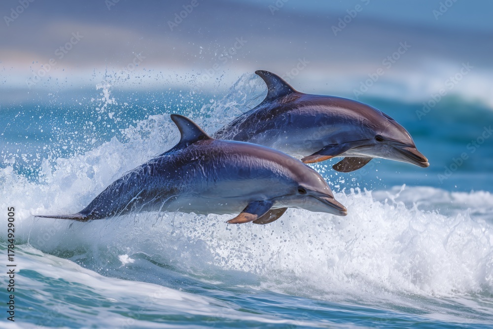 Fototapeta premium Dolphins Jumping out of Ocean Waves in a Playful Display Near the Coast