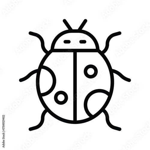A black line drawing of a ladybug on a white background It has a segmented body spots antennae and legs