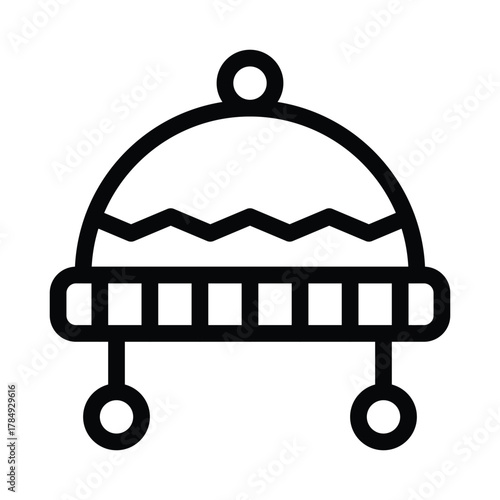 A black outline drawing of a winter hat with zigzags a pompom and earflaps with balls