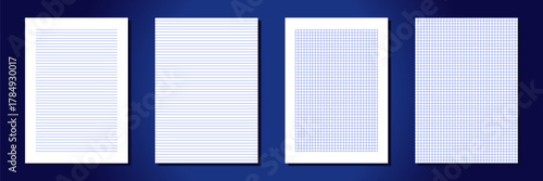 Four sheets of white squared and lined paper with perfectly smooth edges and a clear structure. Mockups for school, office materials, document templates and graphic presentations. Vector set.