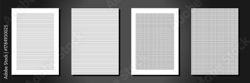 Four sheets of white squared and lined paper with perfectly smooth edges and a clear structure. Mockups for school, office materials, document templates and graphic presentations. Vector set.