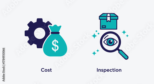Vector illustration of conceptual icons representing cost and inspection, with a gear and money bag on the left, and a magnifying glass over an eye and a package on the right