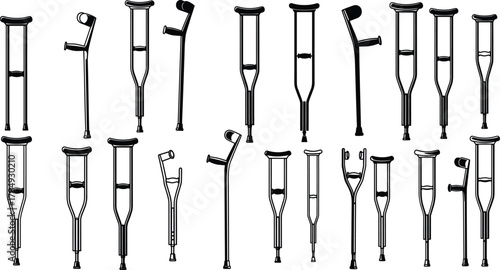 Medical crutches silhouettes, mobility aids, underarm crutches, forearm crutches, orthopedic support, rehabilitation equipment, healthcare tools, walking assistance, injury recovery, disability 