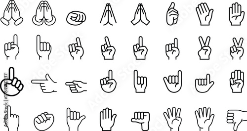 Outline vector set of hands with different gestures, including yoga icons, for fitness and wellness posture stretching