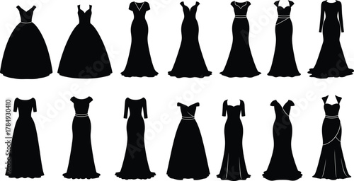 Elegant black evening gown silhouettes, formal fashion dresses, stylish women clothing, luxury ball gowns, trendy party wear, chic couture outfits, glamorous attire