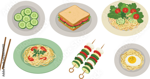 Healthy food, vegetable skewer, pasta dish, sandwich meal, cucumber plate, cherry tomato, fried egg, lunch idea, gourmet, nutrition concept