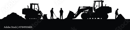 Construction site silhouette, bulldozer, loader, workers with tools, digging scene, teamwork, black vector, industrial labor, machinery, dirt piles, shovel action