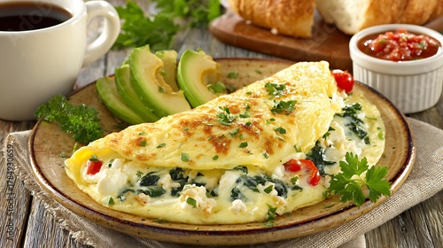 A delicious and healthy omelet filled with spinach and cheese, served with sliced avocado, fresh parsley, a cup of coffee, and a side of salsa for a perfect breakfast meal