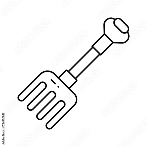 A blackandwhite drawing of a toy rake featuring a wide head with curved tines and a handle with a rounded grip