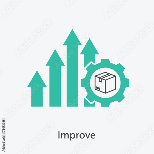 Vector illustration of green upward trending arrows and a gear with a box inside symbolizing improvement, growth, and efficiency in logistics and business operations