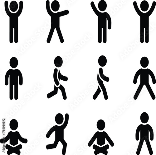 People silhouettes in various active and calm positions, showcasing yoga icons, meditation, fitness, wellness, posture, poses, stretching