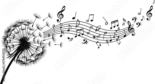 Dandelion seeds blowing in wind, transforming into musical notes, creative black and white illustration, harmony of nature and music art