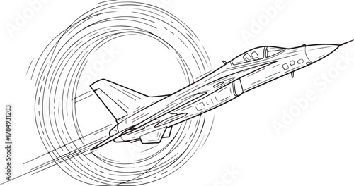 Dynamic Line Art Illustration of a Jet Aircraft in a Rapid Turn