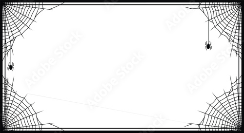 Spider web frame border design, spooky Halloween decoration, creepy spiders in corners, black and white vector illustration, scary theme art