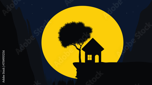 Silhouette of a house on a cliff night sky full moon vector illustration.