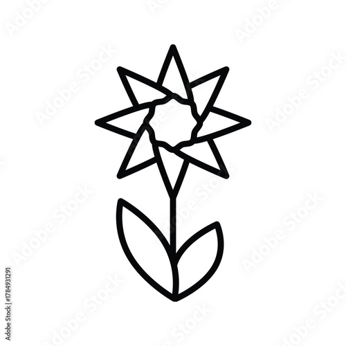 A blacklined flower with pointy petals and heartshaped leaves