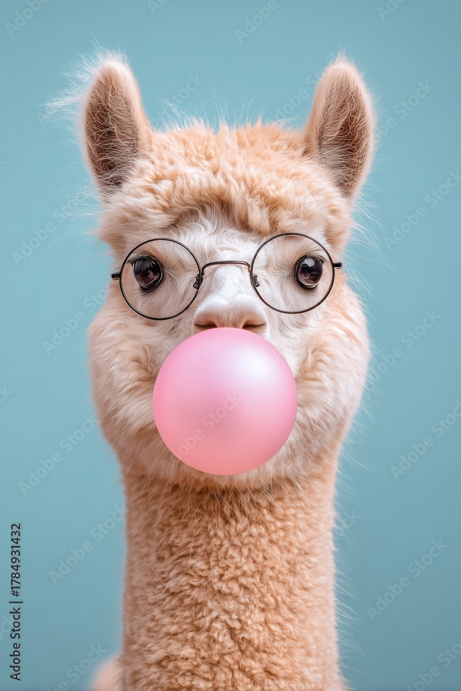 Obraz premium Cute Alpaca Blowing Bubblegum in Glasses Against a Light Blue Background