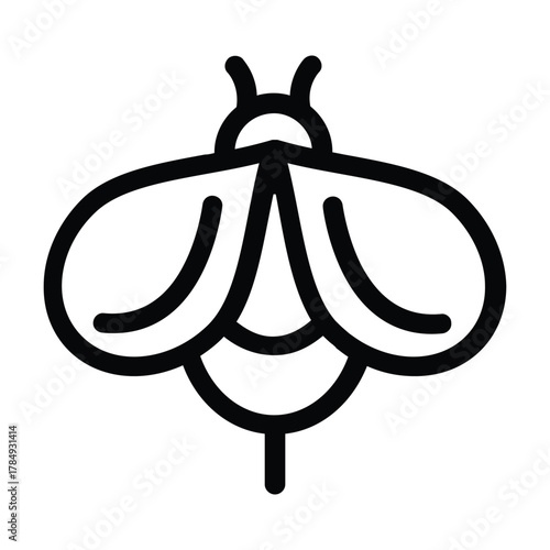 A bold line drawing of a stylized bee or insect with wings antennae and a stinger