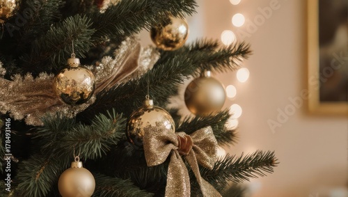 Elegant Christmas Tree with Golden Ornaments and Ribbon Bows.