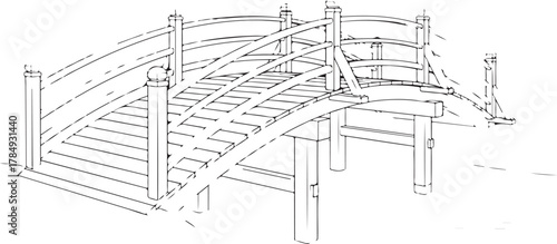 Detailed Line Drawing of a Traditional Arched Wooden Bridge