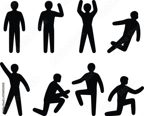 Set of human figures depicting various exercise postures and fitness activities for health and wellness